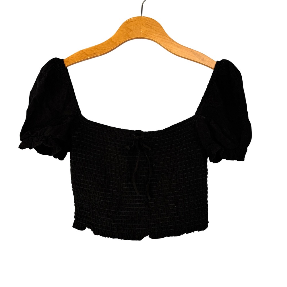 Wilfred Crop Top Womens Small Black Smocked Puff Sleeve Square Neck Blouse